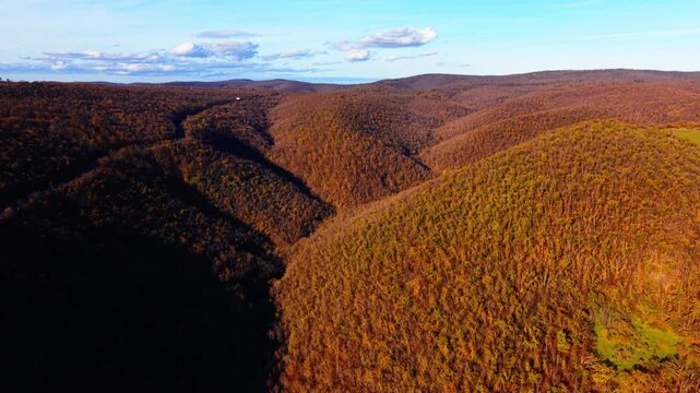 Aerial view of autumn forest valley, Bulgaria. Rolling wooded hills with a narrow road cutting through shadowed ravines under a partly cloudy sky.