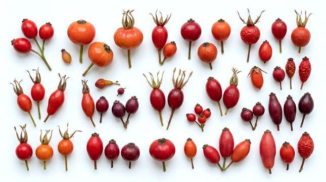 Various rose hips and wild berries arranged in rows on white background, autumn harvest collection.