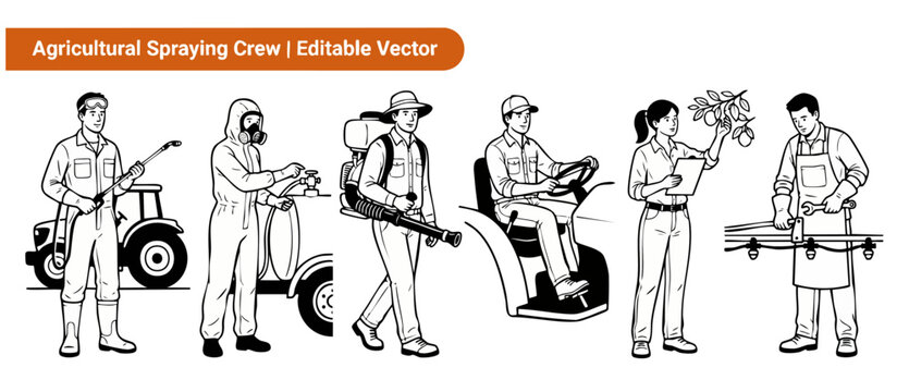 Agricultural spraying crew vector icon set of farmers with crop dusters, pesticide spraying equipment, tractor drivers, and protective hazmat suits for orchard farming illustration designs. Graphics.