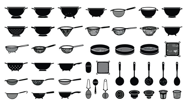 Kitchen colander and strainer icon set, black silhouette kitchenware collection, professional culinary sieve and sifter vector elements for cooking