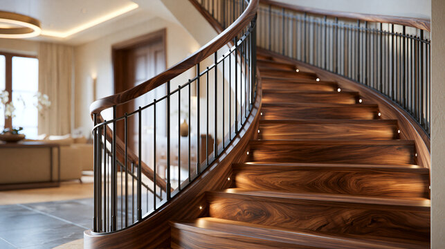 Elegant Indian duplex staircase with walnut wood handrail and powder-coated steel balusters, warm wooden stair treads, beige contemporary interior, soft LED lighting, architectural