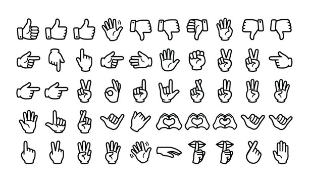 Black and white line art illustration of various hand gestures, signs, and symbols in minimalist style for design use