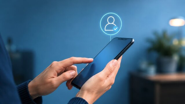 Smartphone authentication user verification mobile device hand touch screen security login digital identity online access blue light privacy app technology internet connection data account