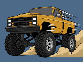 Yellow Monster Truck Cartoon Vector Illustration Speeding Off-Road © ZIIZE STUDIO