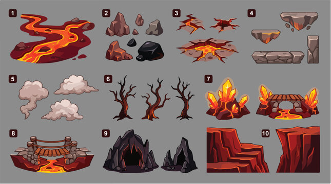 Volcanic game environment assets, 10 sets of lava world level design elements, cartoon hell landscape vector icons for mobile gaming UI