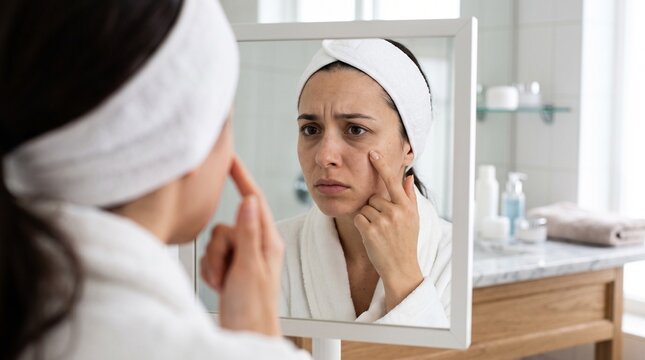 Worried young woman checking dark circles and wrinkles under her eyes in bathroom mirror for skincare concepts