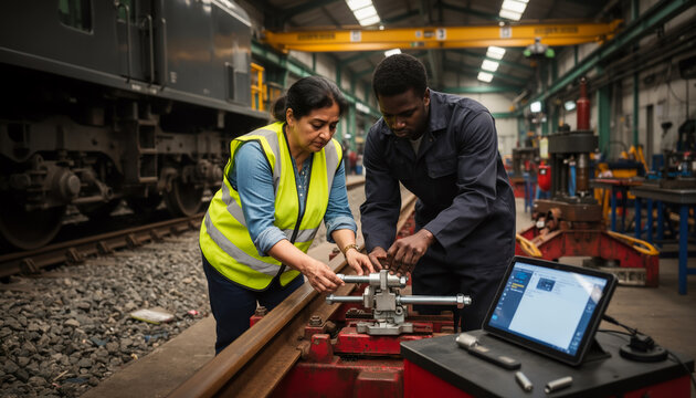 Diverse railway technicians using a digital diagnostic tablet to inspect and calibrate a rail tracking mechanism inside a locomotive maintenance depot workshop