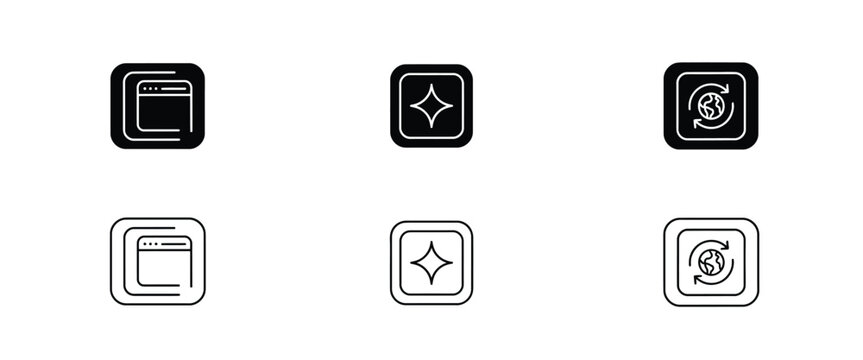 Six square showing a web browser, a four-pointed star, and a globe with arrows in black white window