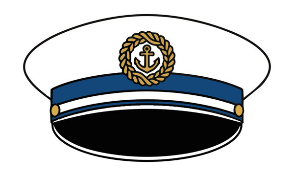 Minimalist line drawing of a captain nautical hat with a rope emblem on a plain white background, nautical lifestyle concept