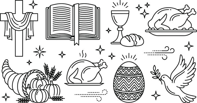 Christian holidays and celebration line art vector collection featuring cross holy bible communion chalice thanksgiving turkey cornucopia easter egg