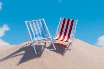 Striped Beach Chairs on White Sand with Bright Blue Summer  © IMKARA Visual