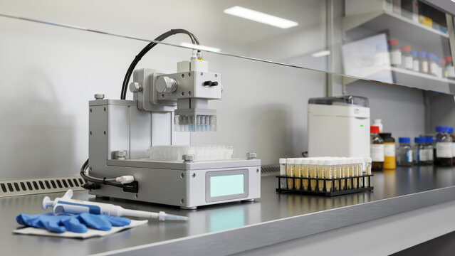 Automated Pipetting Machine in a Laboratory with Test Tubes and Gloves 6wajx74 photo