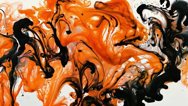 Orange and black ink swirling through water in dramatic abstract pattern, fluid contrast art, dynamic paint motion, bold creative texture, mysterious backdrop.