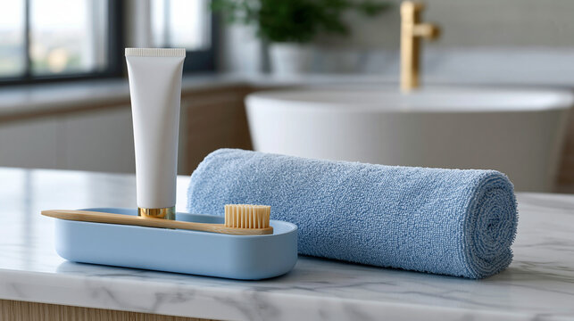Small unbranded travel oral care case containing a toothbrush and toothpaste tube neatly arranged on a white marble bathroom shelf, soft natural light, minimalist quiet luxury aest