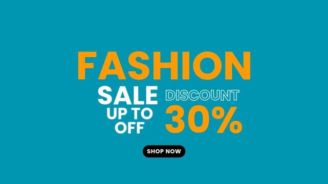 A professional, modern motion graphics template designed for retail and e-commerce video ads. Featuring bold yellow and white typography displaying "Fashion Sale, Discount Up to 30%, Shop Now"