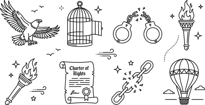 Freedom and civil rights line icon set with flying eagle open birdcage broken handcuffs torch charter scroll chain