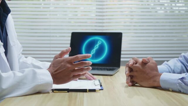 Doctors consulting together and planning treatment in a modern medical office, reviewing healthcare data, charts, and reports on a laptop for clinical decision making and patient care.