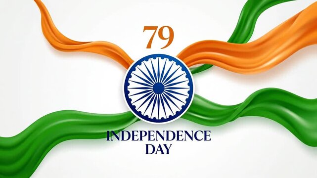 India 79th Independence Day graphic with flowing tricolor ribbon and Ashoka Chakra.