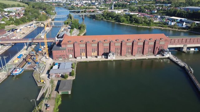 Aerial view of Kachlet hydropower plant on the Danube near Passau