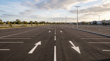 Fototapeta premium Empty parking lot with painted white lines and directional arrows on a sunny day with a clear blue sky and retail stores in the background