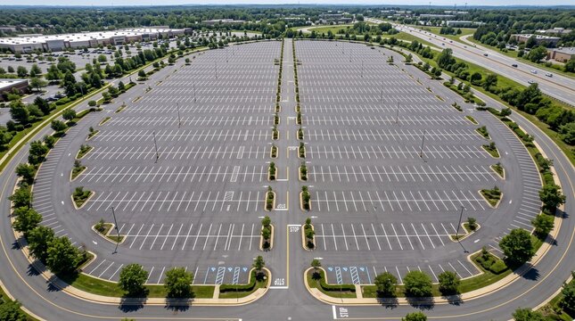 Aerial view of a large, empty parking lot with rows of parking spaces, surrounded by trees and a highway in the background
