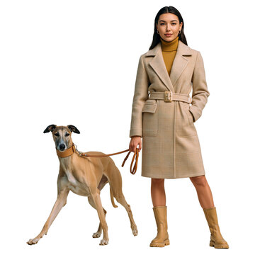 Elegant young woman in a beige coat walking with a greyhound dog isolated on transparent or white background, png