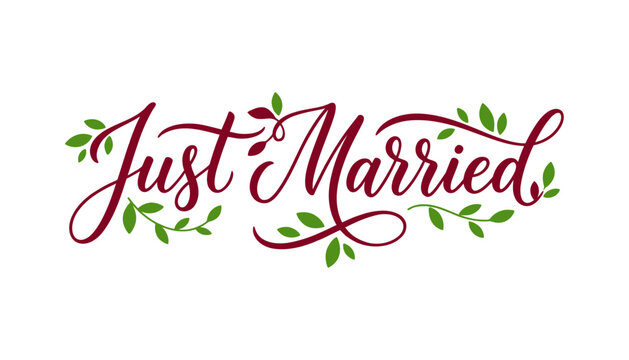 Just Married calligraphy lettering with green leaves on a white background
