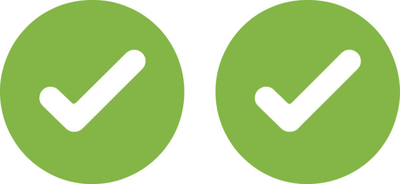 Check mark icon featuring white tick on green circle for approval, confirmation, success, and web interface design
