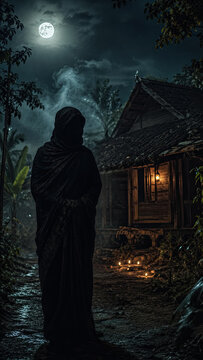 Hooded traveler facing a stormy mountain village beneath a full moon.generative AI