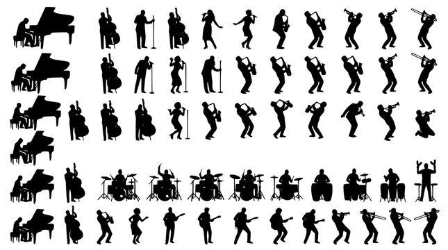 Vintage Jazz Musicians Silhouette Collection Black Vector Clipart Set for Music Design