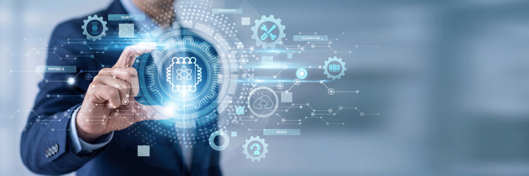 Businessman Hand Holding Quantum Computing and advanced networking data, quantum algorithms, high-performance computing systems, futuristic technology, computational innovation solutions