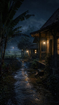 Solitary figure walking through a flooded village lane under moonlit clouds.generative AI