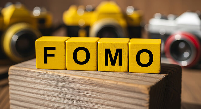 Fear of Missing Out Concept with Fomo Blocks and Blurred Cameras