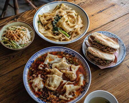 Overhead table of handmade Chinese dumplings with noodles and side dishes.generative AI