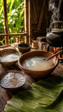 Traditional papeda ingredients arranged on banana leaves in a wooden kitchen.generative AI