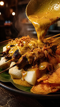 Thick spicy sauce poured over Sate Padang skewers and rice cakes.generative AI