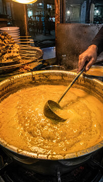 Vendor stirring a large pot of golden Sate Padang sauce at a street market.generative AI
