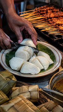 Hands arranging sliced rice cakes for Sate Padang at a market stall.generative AI