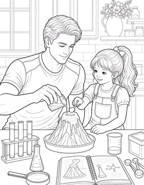 Father and Daughter Coloring Pages Collection Featuring Educational Activities, Family Bonding, Birthday Celebration, Nature Walks and Creative Learning Line Art Set