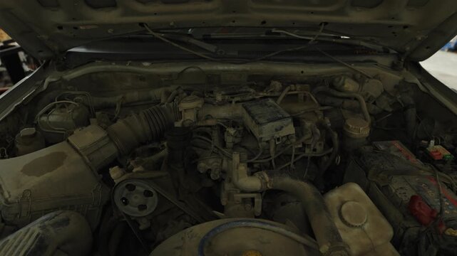 A dusty and dirty car engine sits inside an open bay.