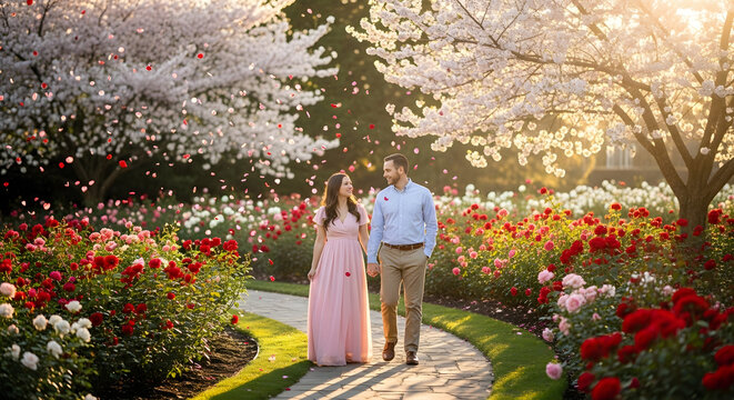 A romantic couple walks hand-in-hand through a vibrant rose garden with cherry blossoms under golden hour light.