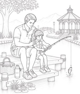 Father and Daughter Coloring Pages Collection Featuring Educational Activities, Family Bonding, Birthday Celebration, Nature Walks and Creative Learning Line Art Set