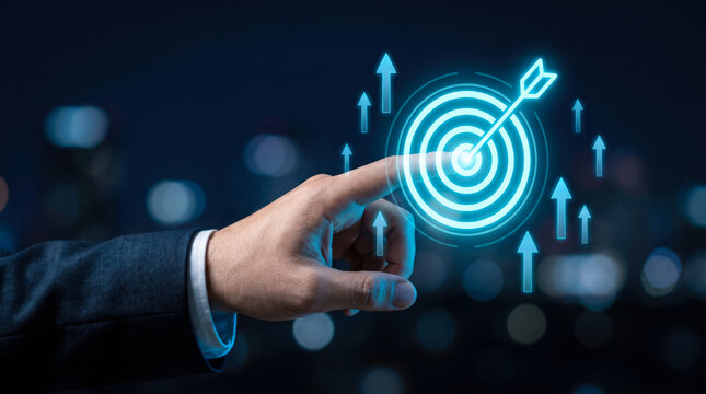 Businessman touching a digital target icon to visualize corporate growth strategy and successful goal achievement