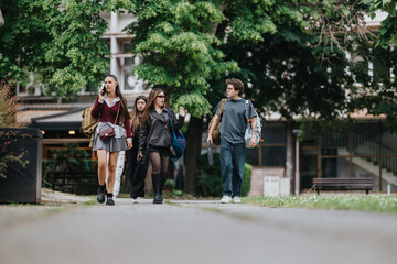 Obraz premium A group of high school students walk together outdoors carrying backpacks and chatting. Four teenagers stroll across a school campus in casual clothing between classes.