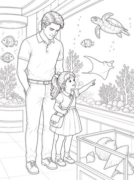 Father and Daughter Coloring Pages Collection Featuring Educational Activities, Family Bonding, Birthday Celebration, Nature Walks and Creative Learning Line Art Set