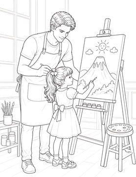 Father and Daughter Coloring Pages Collection Featuring Educational Activities, Family Bonding, Birthday Celebration, Nature Walks and Creative Learning Line Art Set