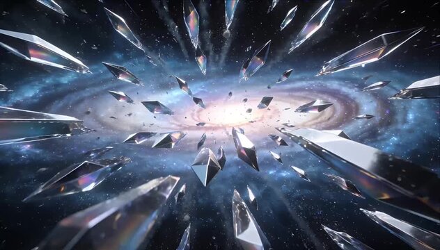 Spiral galaxy with crystal shard in deep space, glowing nebula, star field, shattered crystal explosion, abstract glass shards, cosmic burst, dark blue nebula background, surreal searchable scene