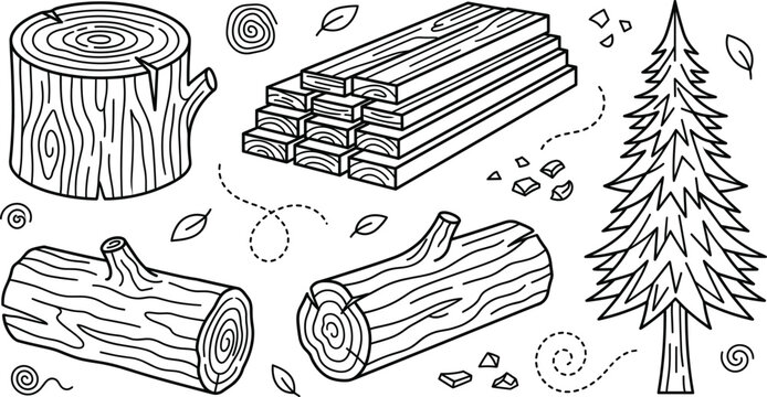 Wood industry doodle vector set with tree logs timber planks stump pine tree leaves and forestry industry elements