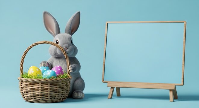 Gray Easter Bunny Sitting Beside Colorful Egg Basket and Blank Wooden Sign on Blue Background