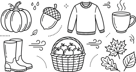 Autumn and fall line icon set with pumpkin acorn sweater coffee mug boots apple basket and maple leaves © Mst